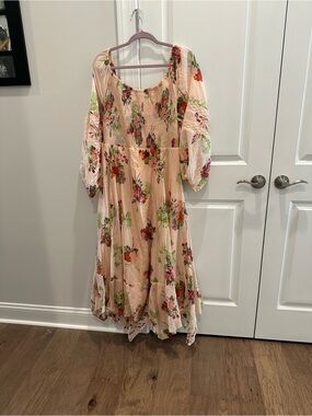 SOLD ON ANOTHER PLATFORM Free People Blush Pink Floral Puff-Sleeve Midi Dress
